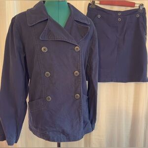 Willi Smith. Navy cotton suit. Peacoat jacket and skirt.